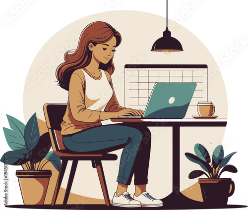 Woman focused on typing on a portable computer while working remotely surrounded by potted houseplants and a calendar display.