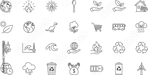 Eco sustainability line icons set, renewable energy symbols, recycling environment elements, green technology ecology vector illustration collection