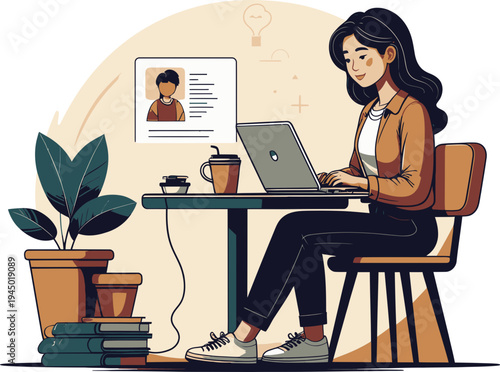 Smiling woman types on a portable computer near a floating profile window displaying application data and stacked books.