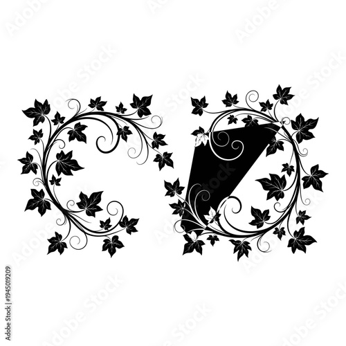 Elegant black and white ivy scrolls framing a mysterious silhouette Vector, illustration