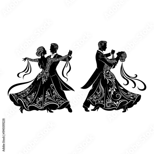 Elegant couple performing a whirling dance in intricate attire Vector, illustration