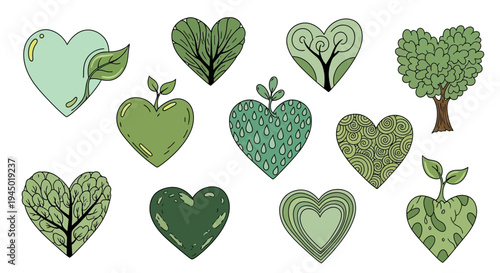 Illustrated collection of green hearts with various nature inspired designs