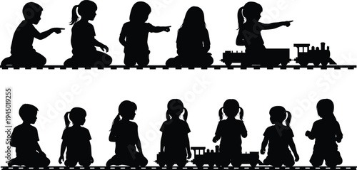 Black vector silhouette collection of diverse children sitting on a train track playing with a toy steam engine isolated on a white background.