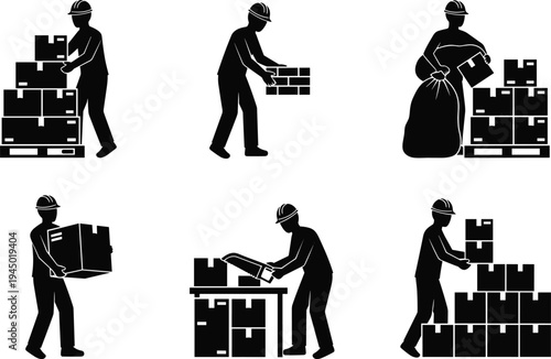 Black vector silhouette collection of industrial warehouse workers in hard hats moving boxes stacking packages and using hand tools isolated on a white background.
