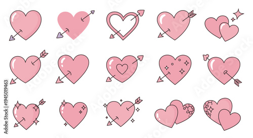 Pink heart collection with arrows decorations and outlines on white background
