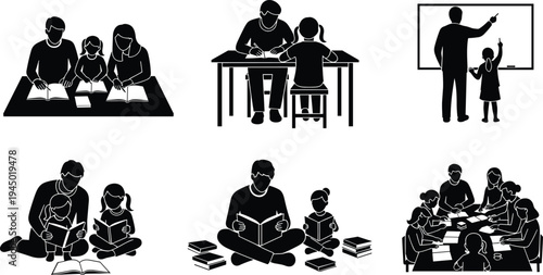 Black vector silhouette collection of parents and children studying together reading books writing and learning in a classroom or home setting on white background.