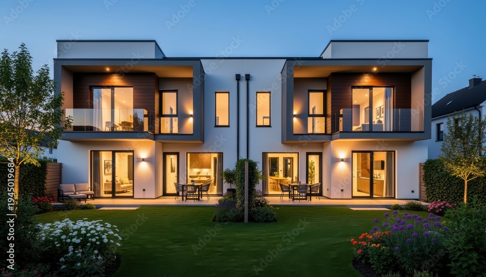 Naklejka premium Modern Duplex Home at Dusk: A contemporary duplex home, illuminated by warm interior lights, exudes a sense of modern comfort and style.