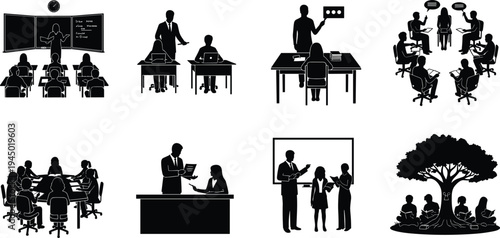 Black vector silhouette collection of professional business people and students in various educational settings including classrooms lectures meetings and outdoor study groups on white.