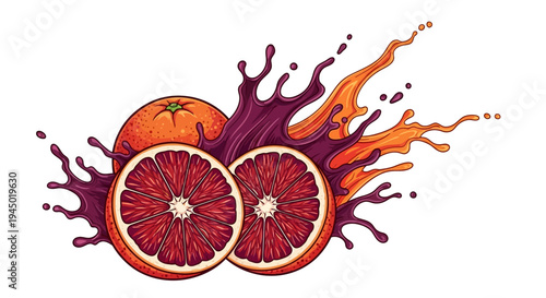 Vibrant illustration of sliced oranges and grapefruits with splashes of juice