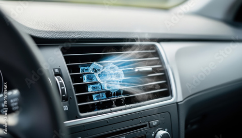 Car Air Vent: The internal mechanism of a car air conditioning system, visualized with a stream of fresh, clean, and cool air circulating, embodying comfort and advanced technology.