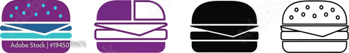Variety of hamburger icons presented in modern flat outline and glyph styles suitable for fast food menus and digital interfaces