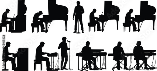 Black vector silhouette collection of professional male musicians playing grand pianos electronic keyboards and singing into microphones isolated on a white background for design.