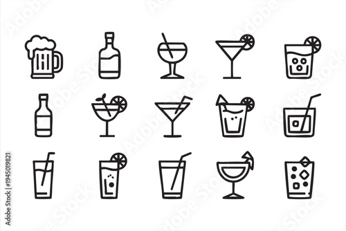 Minimal drink and cocktail outline icons for bar and nightlife themes