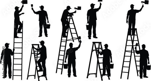 Black vector silhouette collection of professional painters in various poses using ladders rollers and brushes with paint buckets isolated on white for construction design