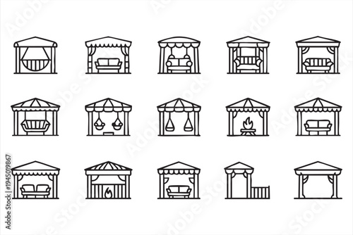 Garden gazebo pavilion outline icon set for outdoor architecture and backyard design