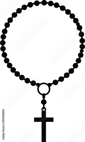 Rosary beads with cross icon, Christian prayer necklace, Catholic religious symbol, faith devotion accessory, spiritual worship vector illustration