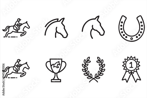 Equestrian horse riding icon set with jockey trophy horseshoe and award symbols