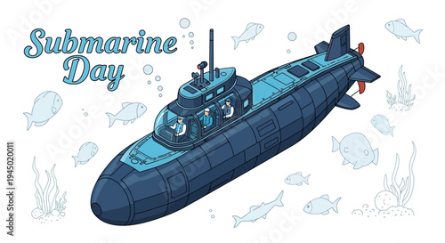 Vector illustration of a submarine surrounded by fish and seaweed on Submarine Day with a playful design and calming blue tones.