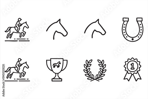 Horse racing and equestrian sport outline icons collection for competition design