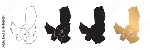 Vector maps of Bordeaux, France, in various styles, with black and gold lines.