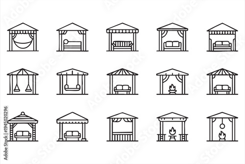 Minimal gazebo and patio shelter icons collection for landscape and garden graphics