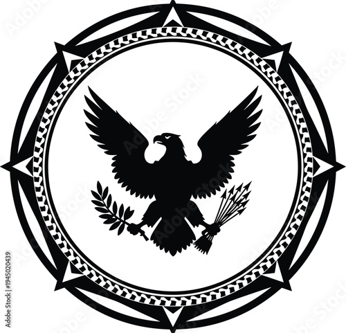Heraldic eagle emblem badge vintage crest symbol wings shield military insignia vector logo black silhouette circular ornament design