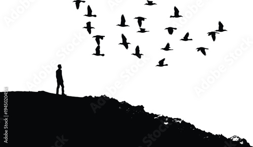 Silhouette of a lonely man standing on a mountain peak watching a flock of birds flying in the sky, cad drawing flat vector illustration