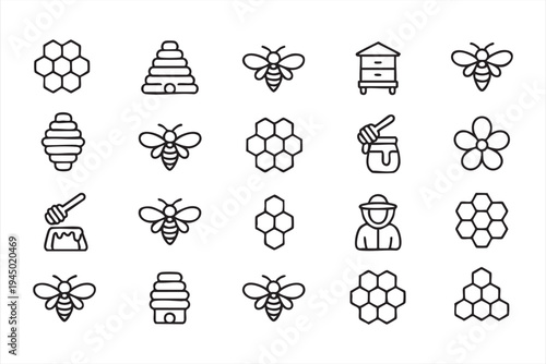 Honey bee and beehive vector icon pack for organic honey and farming graphics