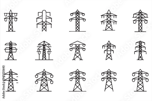 High voltage powerline pylon icons collection for electric utility engineering