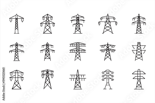 Minimal electricity transmission vector icon pack for power grid infrastructure