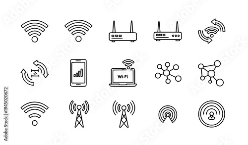 Wireless network wifi router and signal outline icons vector line set isolated on white background