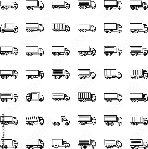 Outline vector icons of commercial delivery trucks. Cargo, freight, shipping, logistics, and transportation vehicle concepts in minimalist line art style.