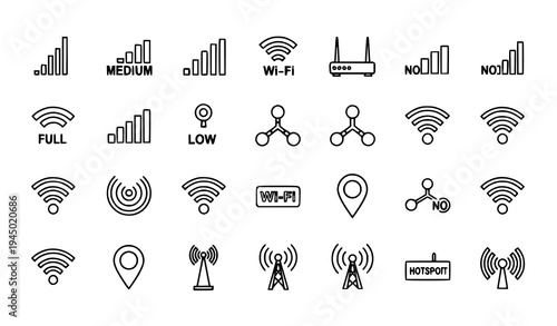 WiFi coverage and wireless network line icons vector outline set isolated on white background