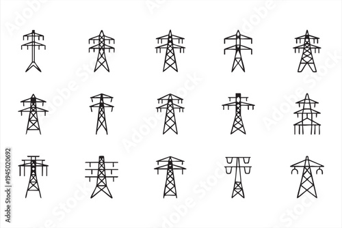 Powerline tower symbols set for electrical energy transmission design