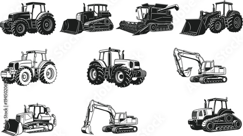 Black, and, white, illustration, set, of, heavy, machinery, including, tractors, excavators, bulldozers, and, a, combine, harvester, isolated, on, white, background, flat, vector, design