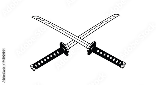 Two crossed japanese katanas with detailed hilts presented in a stark black silhouette high quality professional