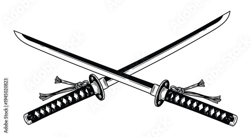 Two crossed japanese katanas with intricate hilts presented in a striking silhouette high quality professional detailed