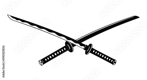 Two crossed japanese katanas depicted in a stark black graphic a striking silhouette high quality professional
