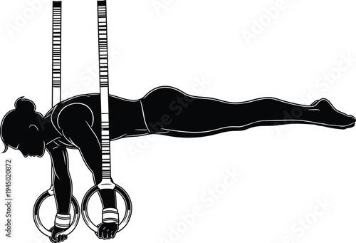 Black, silhouette, of, a, female, gymnast, performing, a, core, strength, plank, pose, on, gymnastic, rings, isolated, on, white, background, flat, vector, illustration, design
