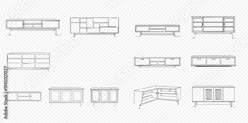 Set of modern TV stand and media console cabinet line art drawings, various furniture designs for living room interior.