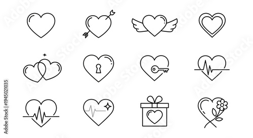 Set of minimalist heart icons in black outline design on white background