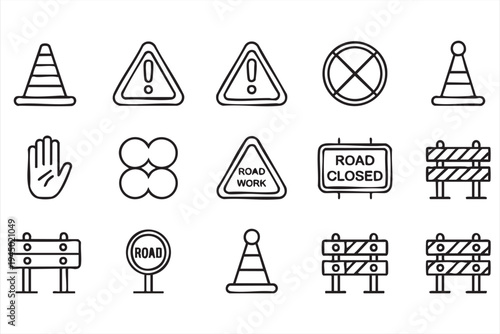 Road work and construction warning icon set with cones barricades and caution signs