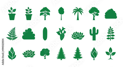 A collection of various green plant and tree shapes presented in a flat silhouette high quality