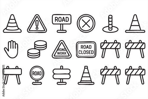 Construction zone safety symbols set featuring traffic cones and road closed sign
