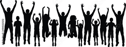 Black, silhouettes, of, a, large, diverse, group, of, happy, people, children, and, adults, jumping, and, cheering, with, raised, arms, isolated, on, white, background, vector, illustration
