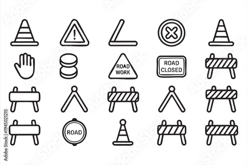 Minimal road work vector icon pack with warning signs cones and barriers