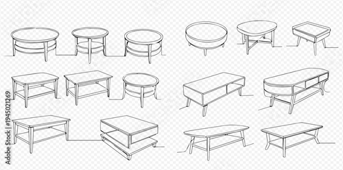 Set of hand-drawn coffee tables and side tables in various shapes and designs, isolated on a transparent background.