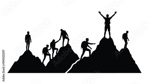 A group of people climbing mountains, helping each other to reach the summit, symbolizing teamwork, collaboration, and achievement