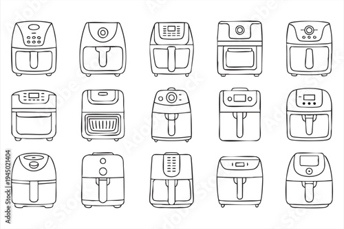 Healthy cooking air fryer icons for kitchen equipment and home appliances