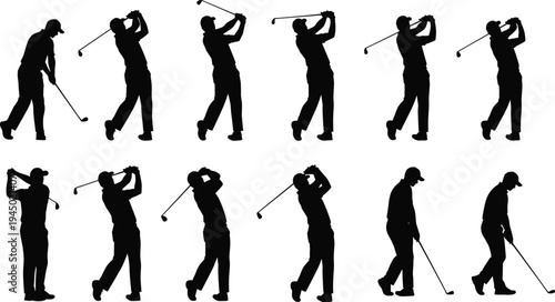 Black, silhouettes, of, male, golfers, in, various, action, poses, including, swinging, clubs, and, putting, isolated, on, white, background, flat, vector, illustration, set, design